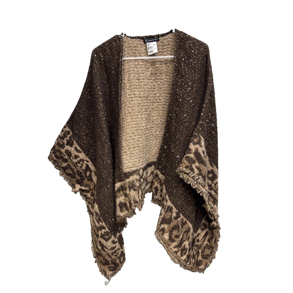 INC Shawl Wrap Poncho Fringe Knit Sweater Brown Sequin Animal Print One Size